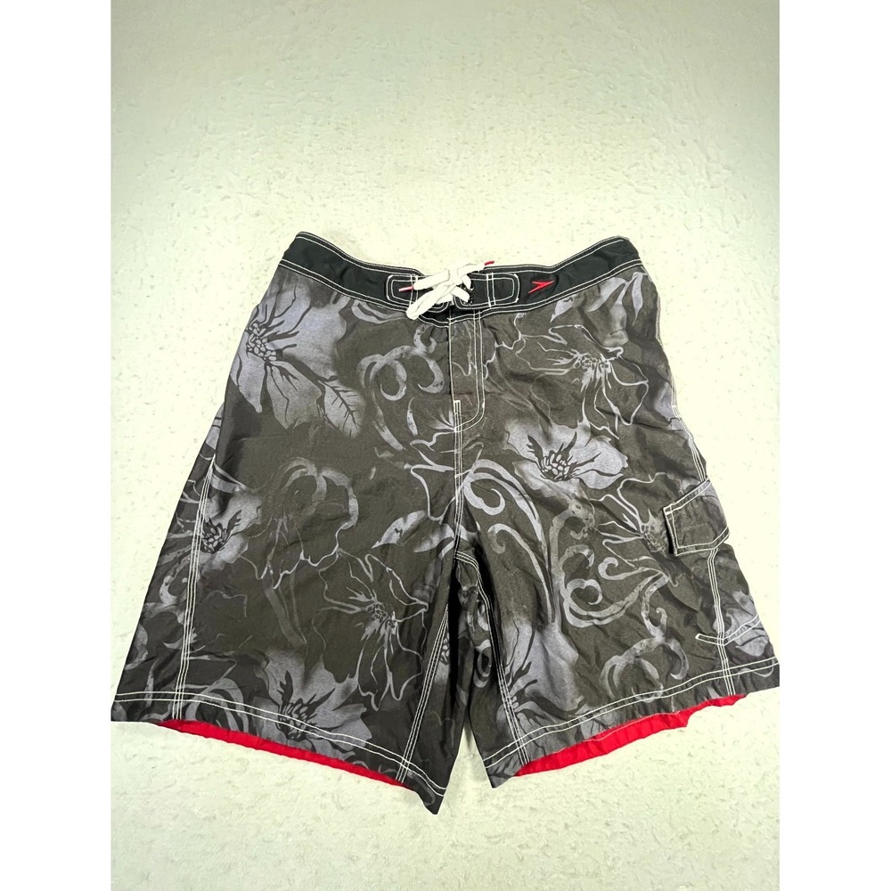 Y2K Speedo Swim Trunks Mens XL Black Gray Floral Mesh Lined Drawstring Beach